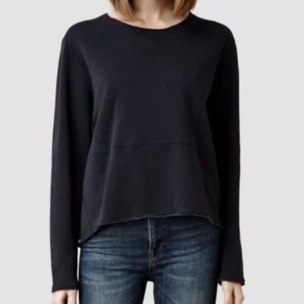 All Saints Distressed Black Gray Boyfriend Cropped Basic Sweat Sweatshirt S